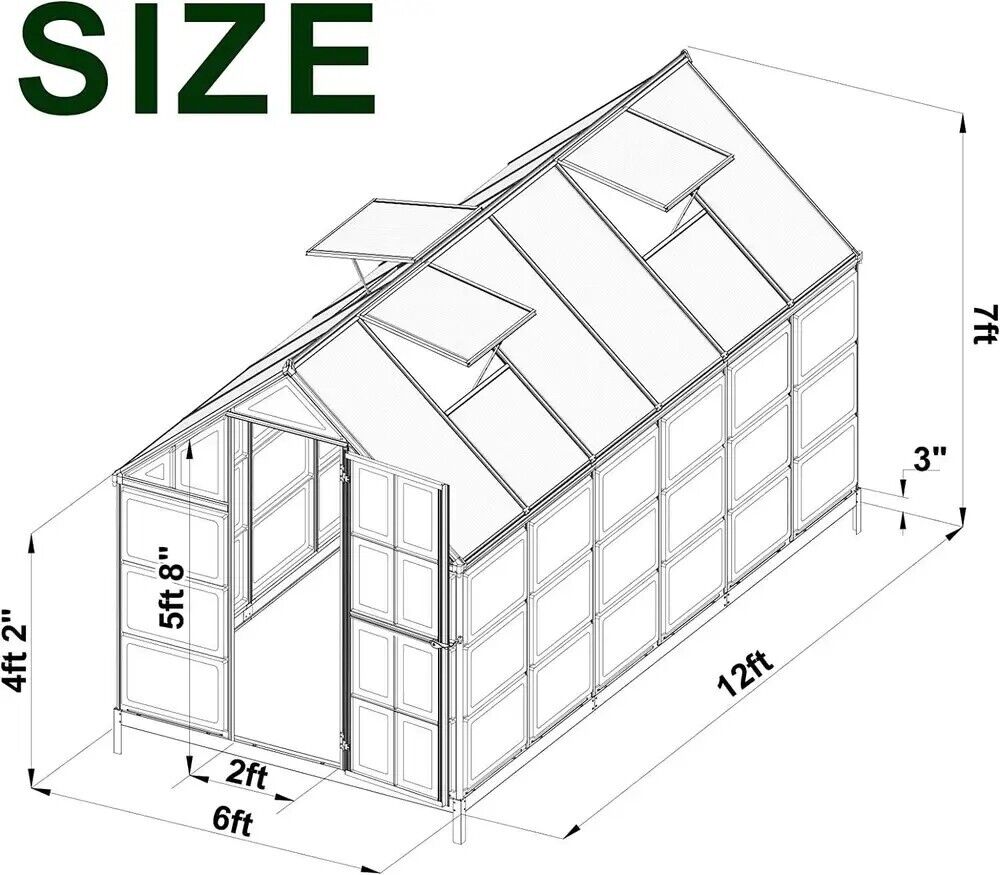 6x12 FT Polycarbonate Greenhouse with Lockable Hinged Door 2 Vent Window Walk-in