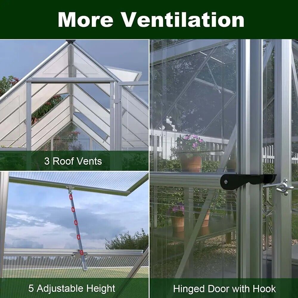 6x12 FT Polycarbonate Greenhouse with Lockable Hinged Door 2 Vent Window Walk-in