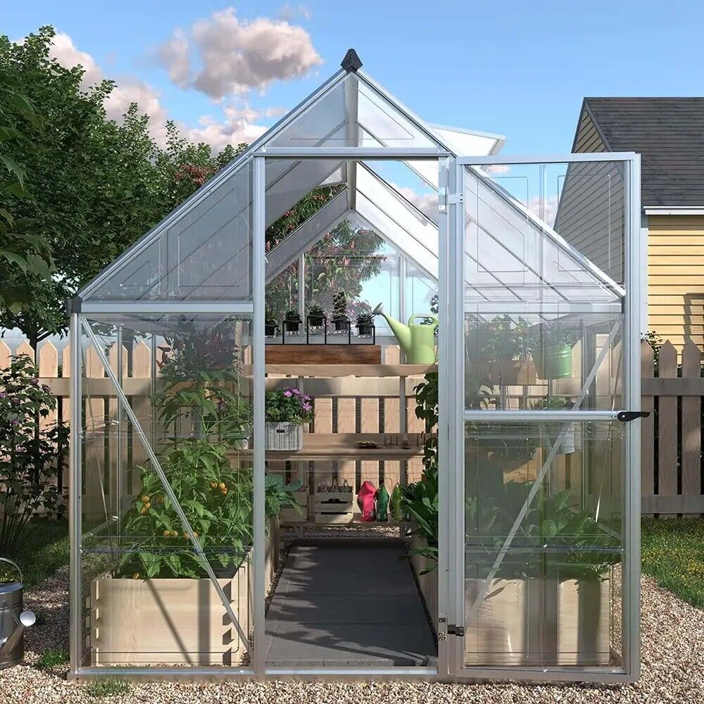 6x12 FT Polycarbonate Greenhouse with Lockable Hinged Door 2 Vent Window Walk-in