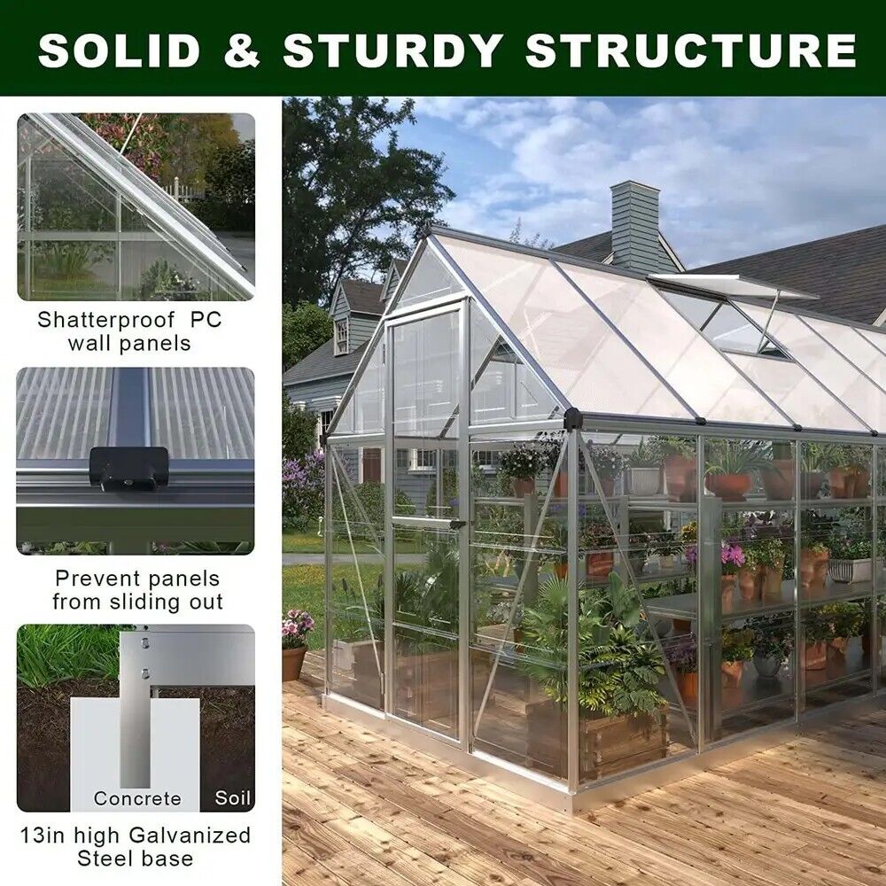 6x12 FT Polycarbonate Greenhouse with Lockable Hinged Door 2 Vent Window Walk-in