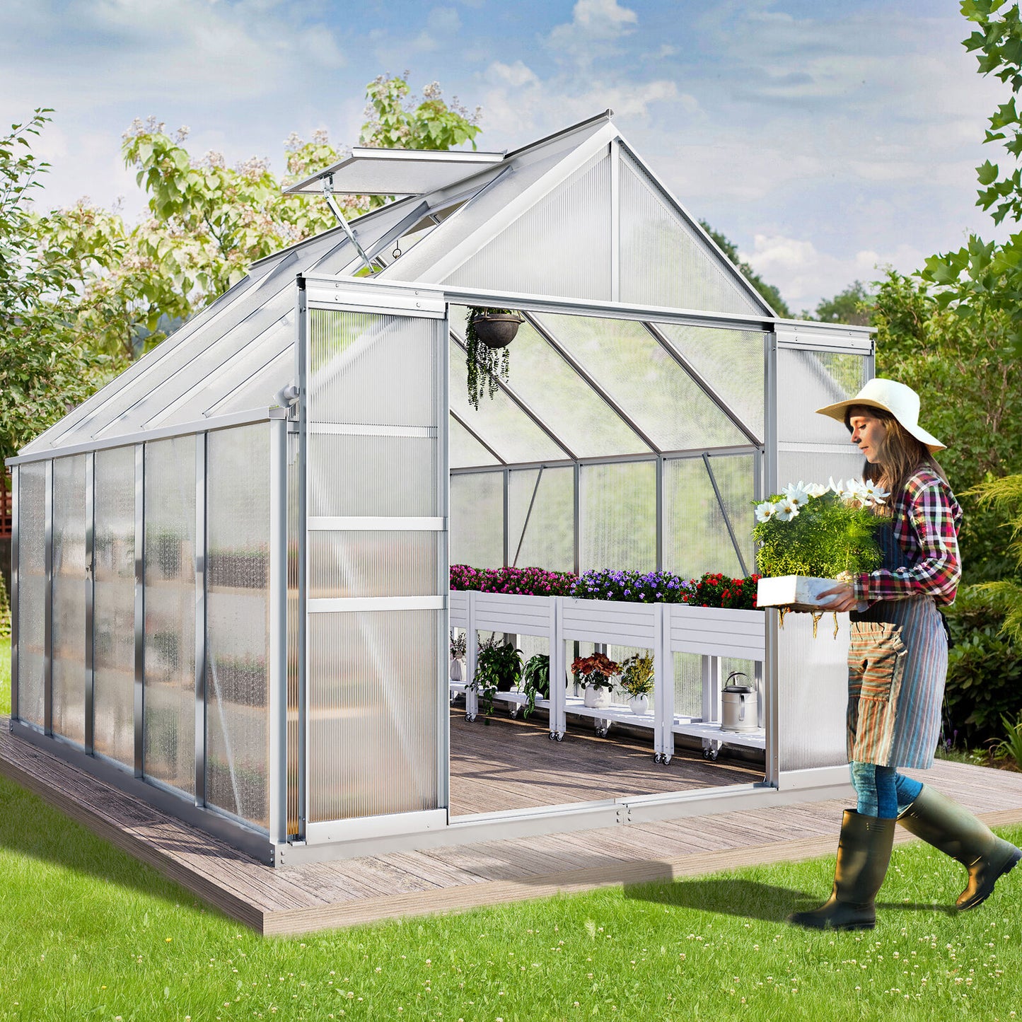 8x10FT Polycarbonate Walk-in  Heavy Duty Greenhouse w/Sliding Doors