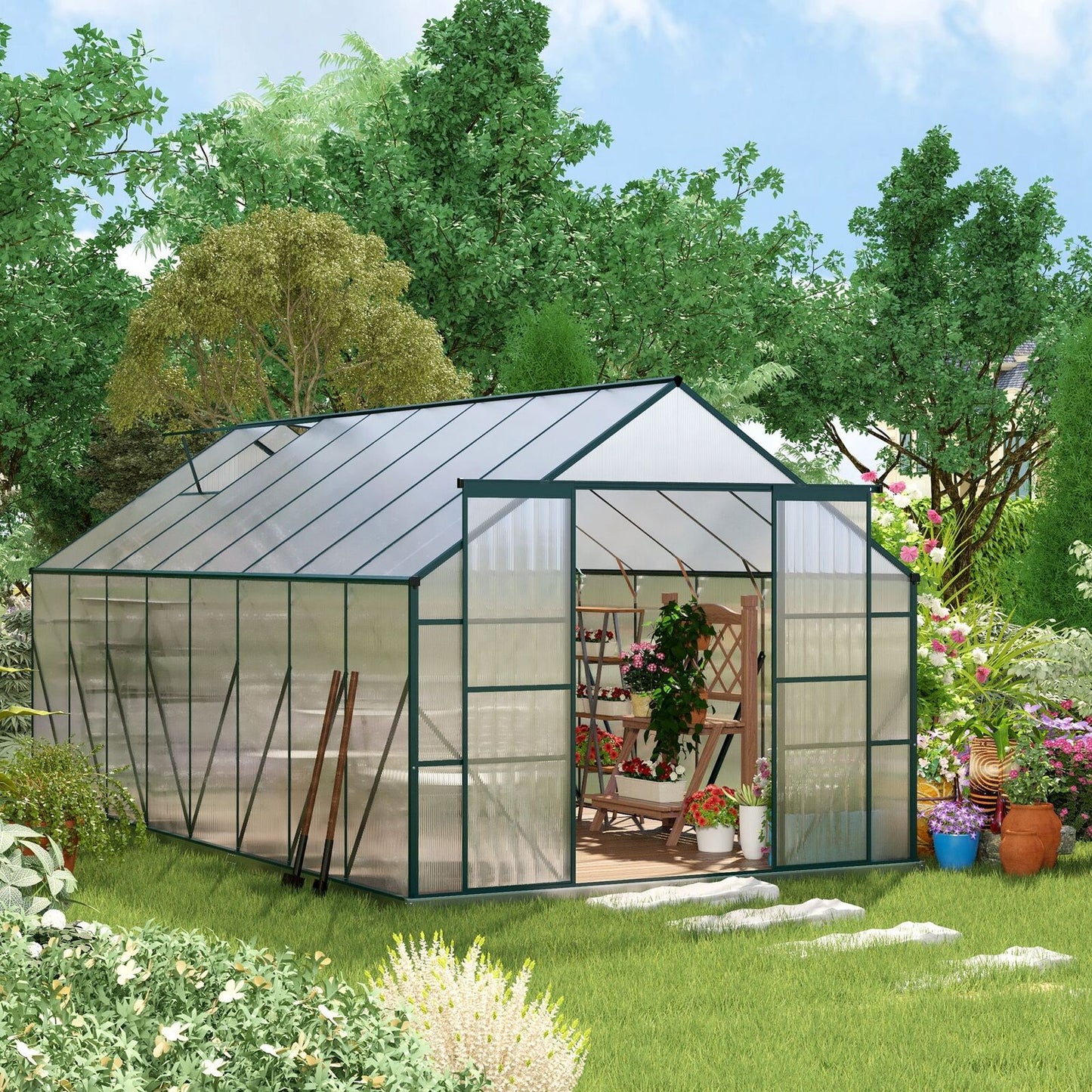 16' x 8' Polycarbonate Walk-in Garden Greenhouse Kit w/ Sliding Door, Clear