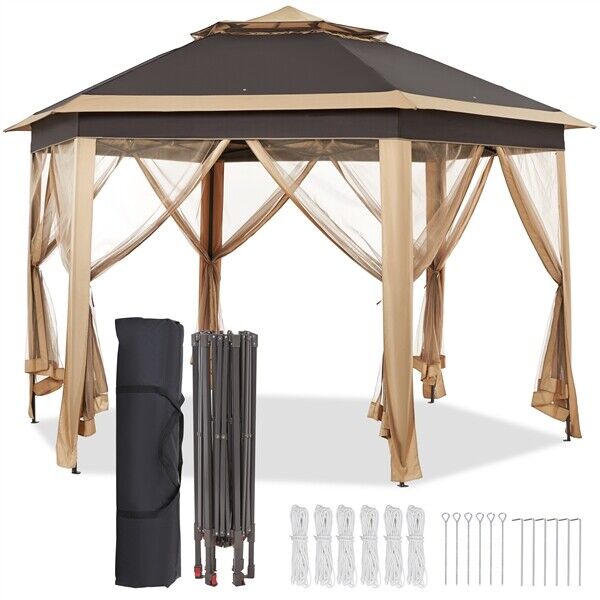 13' x 13' Double Roof Outdoor Patio Gazebo Pop Up Canopy Tent with Mesh Netting