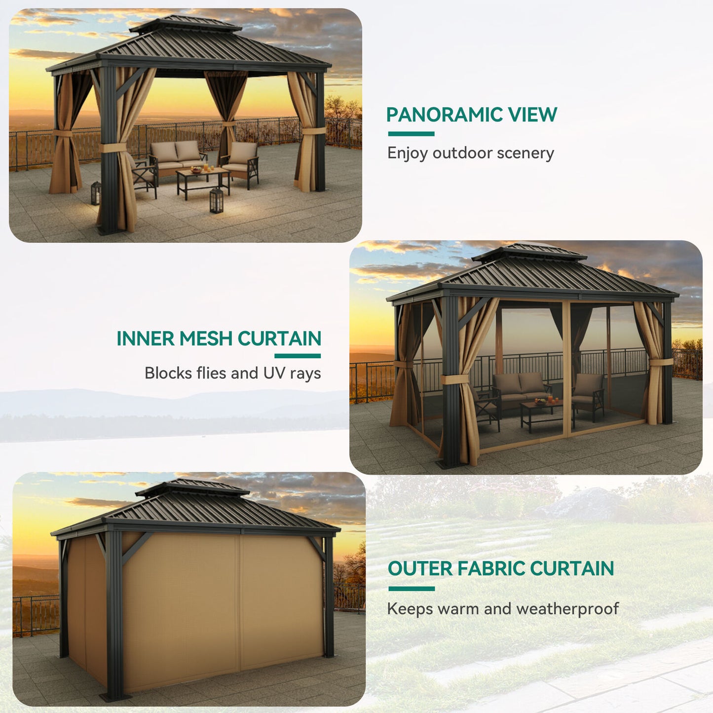 10x12ft Patio Gazebo with Mesh Curtains Double Roof Hardtop Aluminum Outdoor