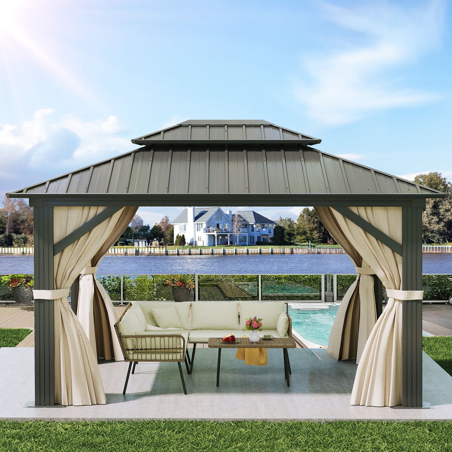 10x12ft Patio Gazebo with Mesh Curtains Double Roof Hardtop Aluminum Outdoor